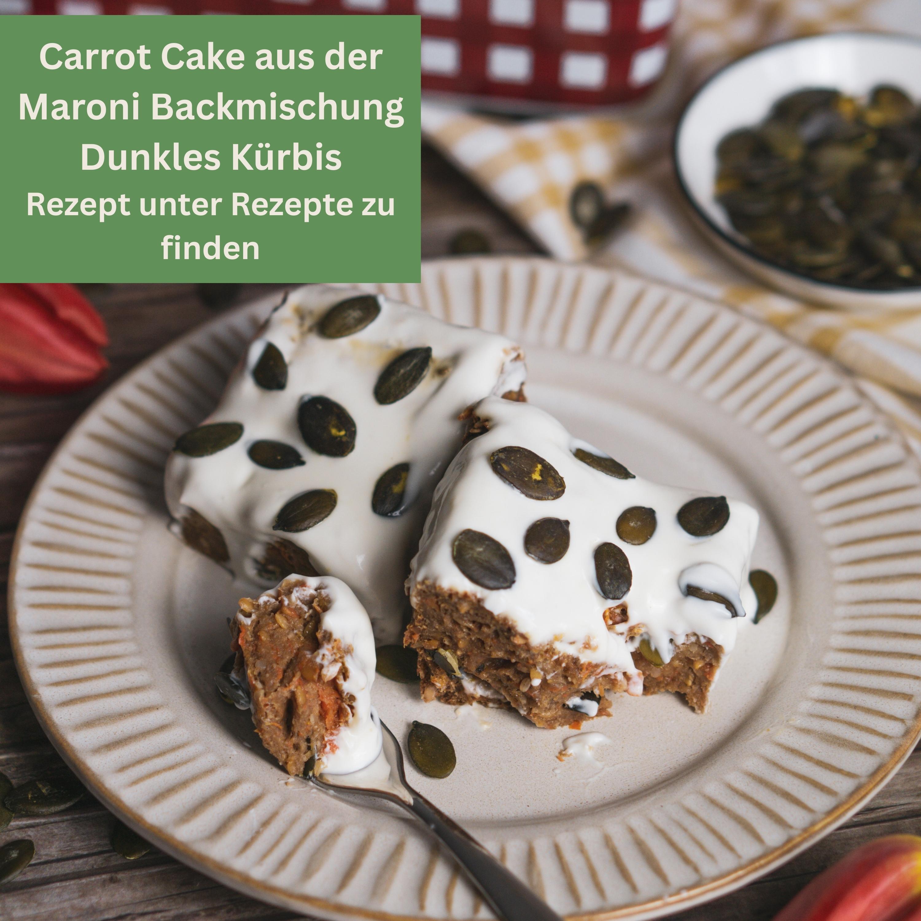 Süßer Rezeptvorschlag aus der Maroni Brotbackmischung Dunkles Kürbis – Carrot Cake - vegan, glutenfrei, ballaststoffreich