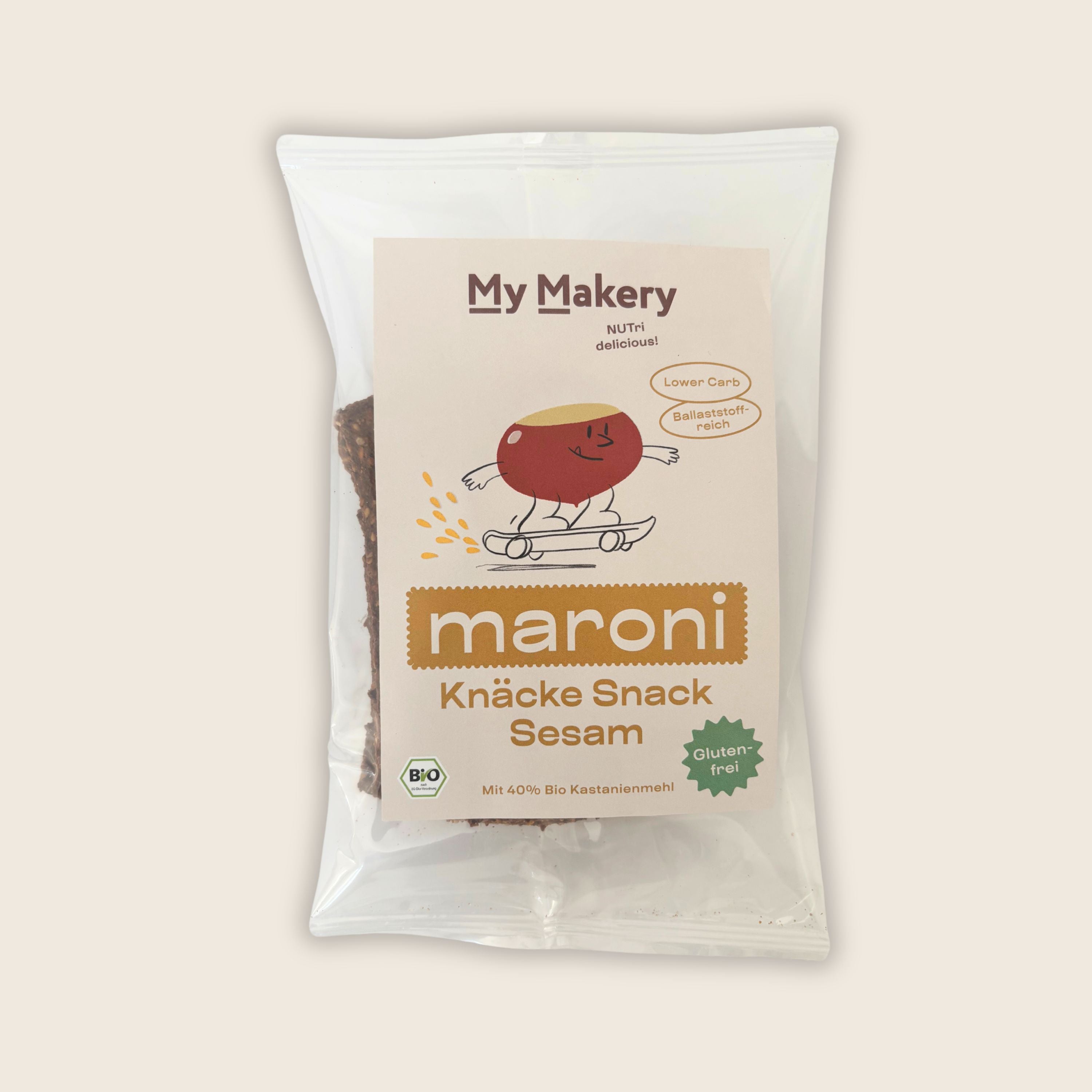 My Makery Knäcke Snack Sesam – glutenfreier Bio-Snack mit Kastanienmehl iverpackt, ready to go