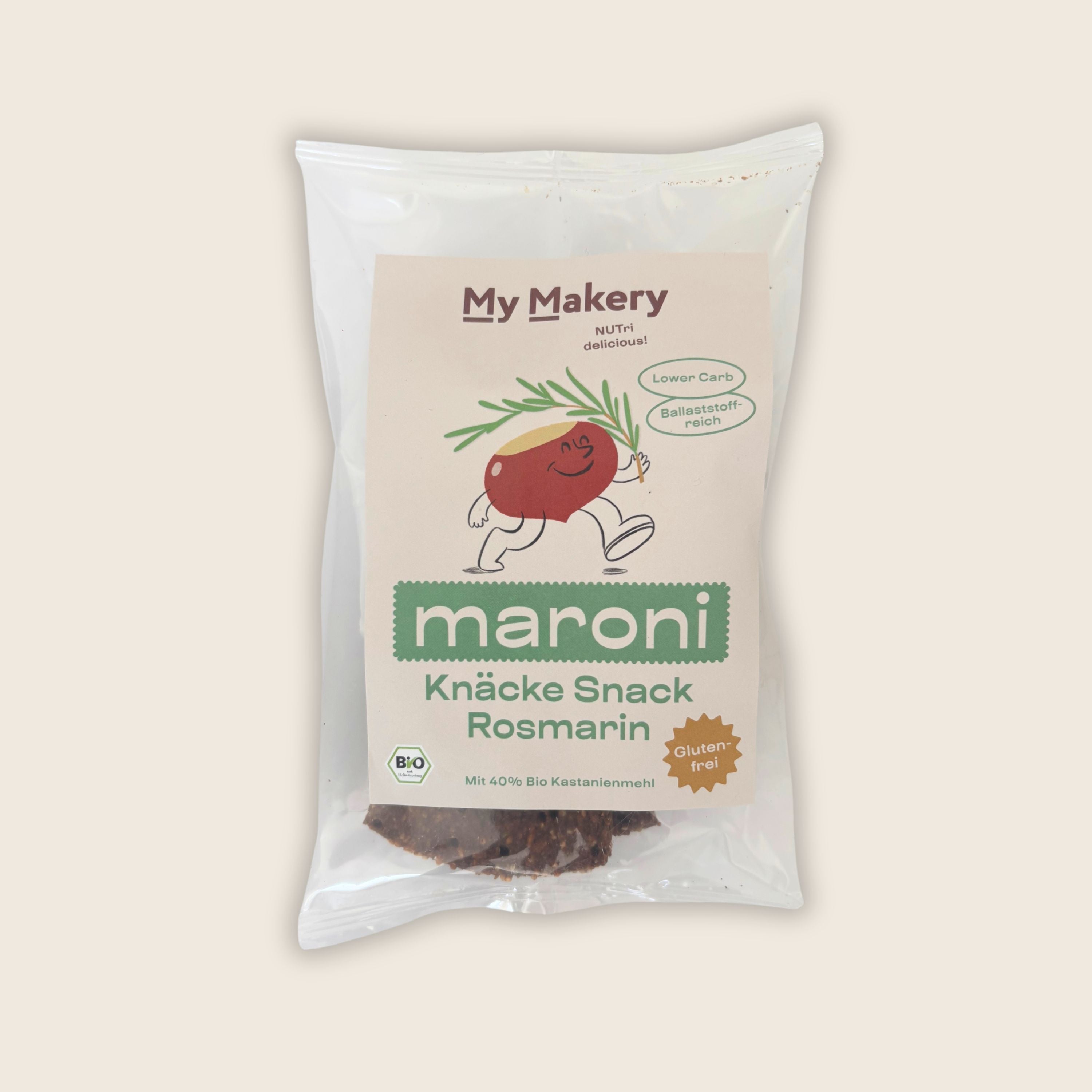 My Makery Maroni Knäcke Snack Rosmarin – glutenfreier Bio-Snack verpackt und ready to go