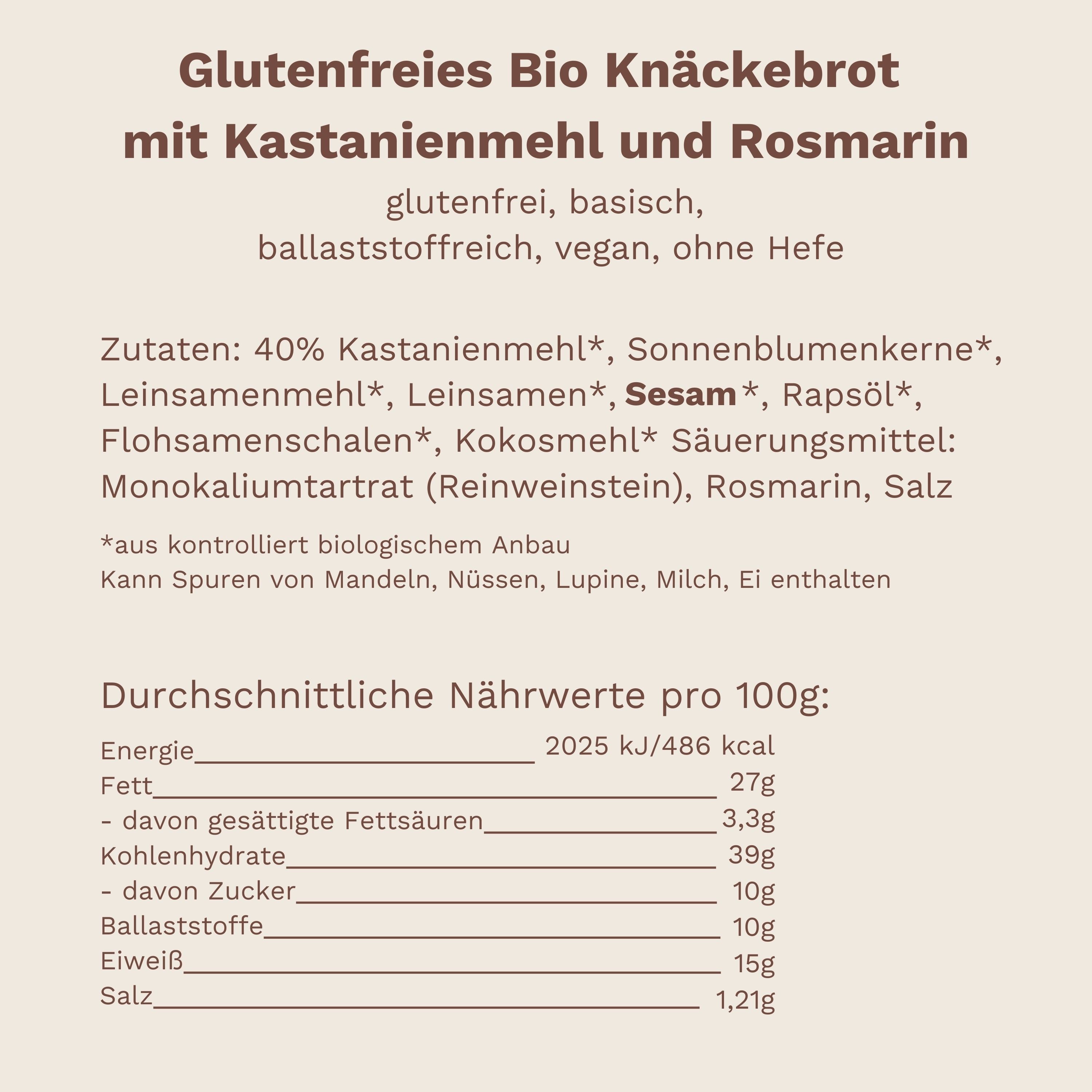 Nährwerttabelle des My Makery Maroni Knäcke Snacks – ballaststoffreich, proteinreich, lower carb, glutenfrei, vegan