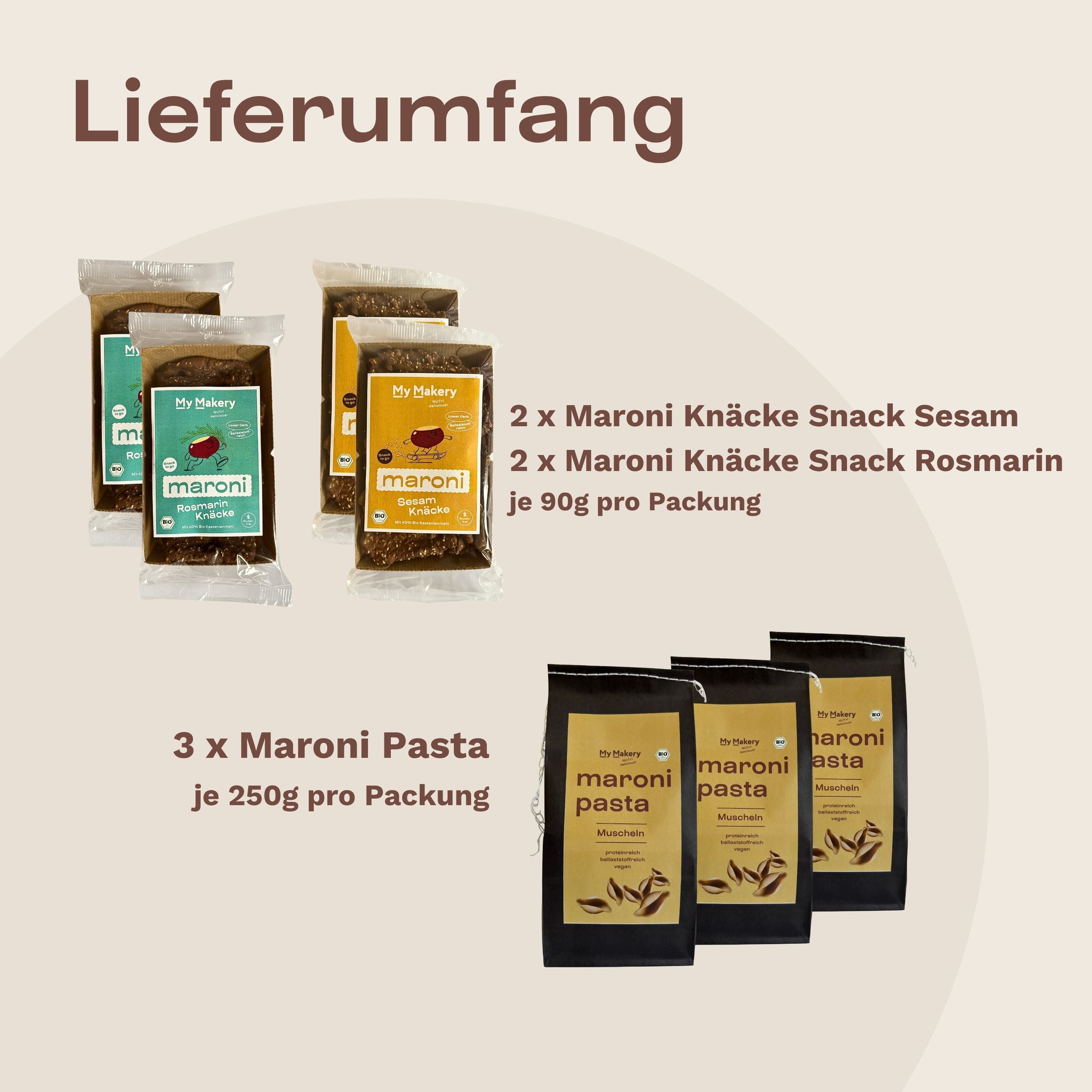 Inhalt des Pakets: 4 KnäckeSnack und 3 Maroni Pasta Packungen