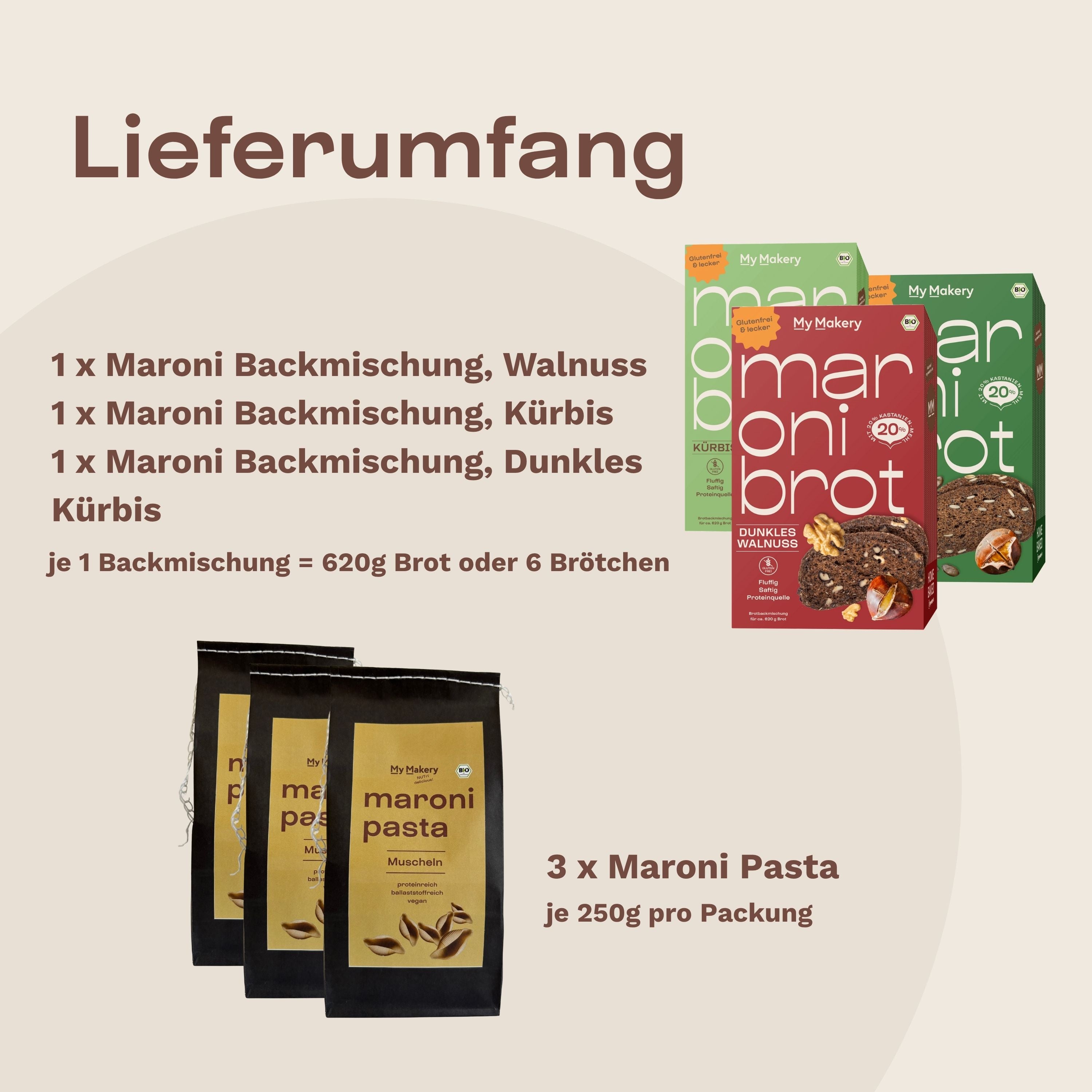 Lieferumfang des Probierpakets 3x3 von My Makery: 3 Backmischungen, 3 Maroni Pasta