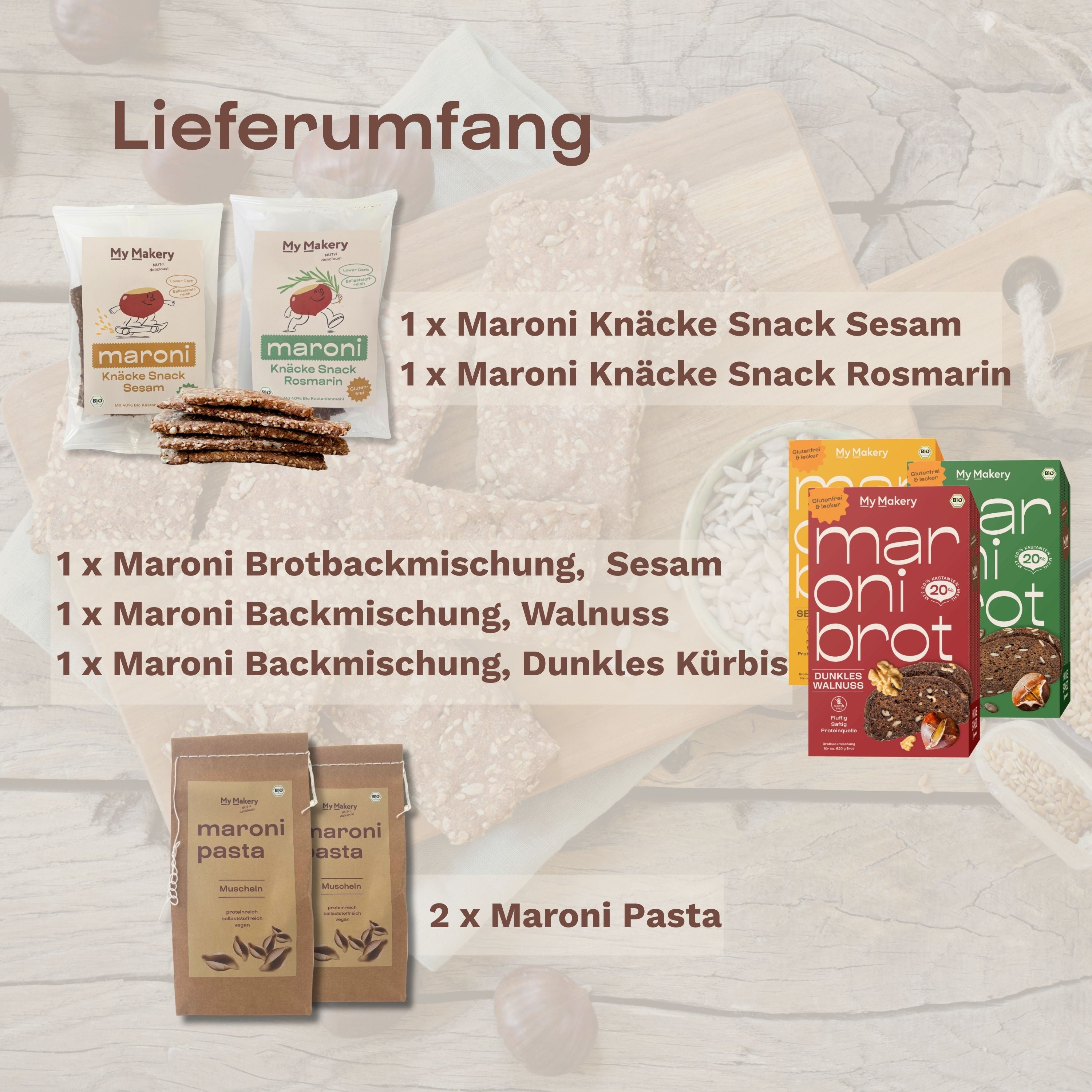 Inhalt des Rundum-glücklich Maroni Pakets von My Makery – 3 glutenfreie Brotbackmischungen, 2 Kastanien-Knäcke Snacks & 2 Portionen Pasta – vegan, bio, ballaststoffreich