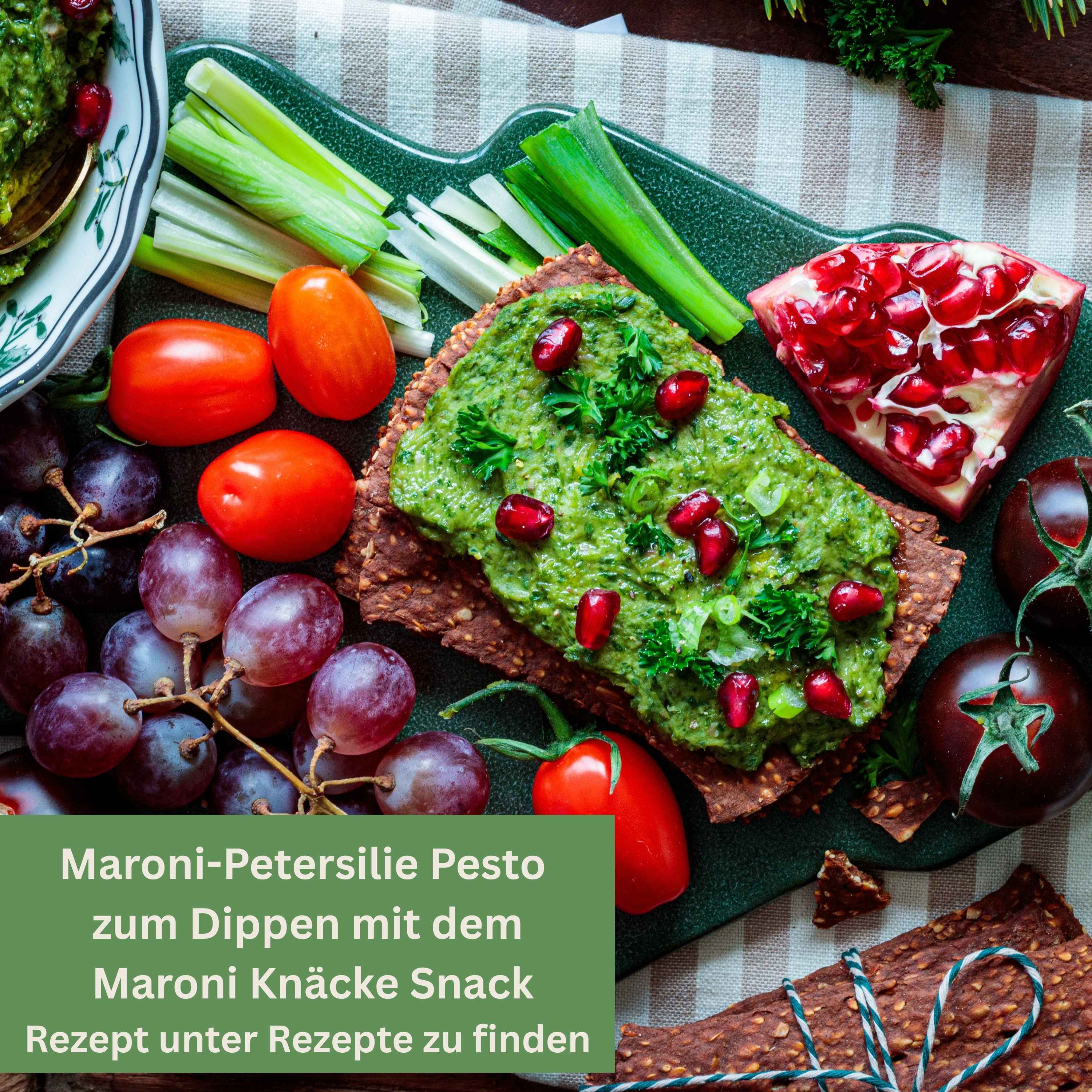 My Makery Knäcke Snack Sesam mit veganem Maronen-Petersilien-Dip – gesunder glutenfreier Snack mit Kastanienmehl