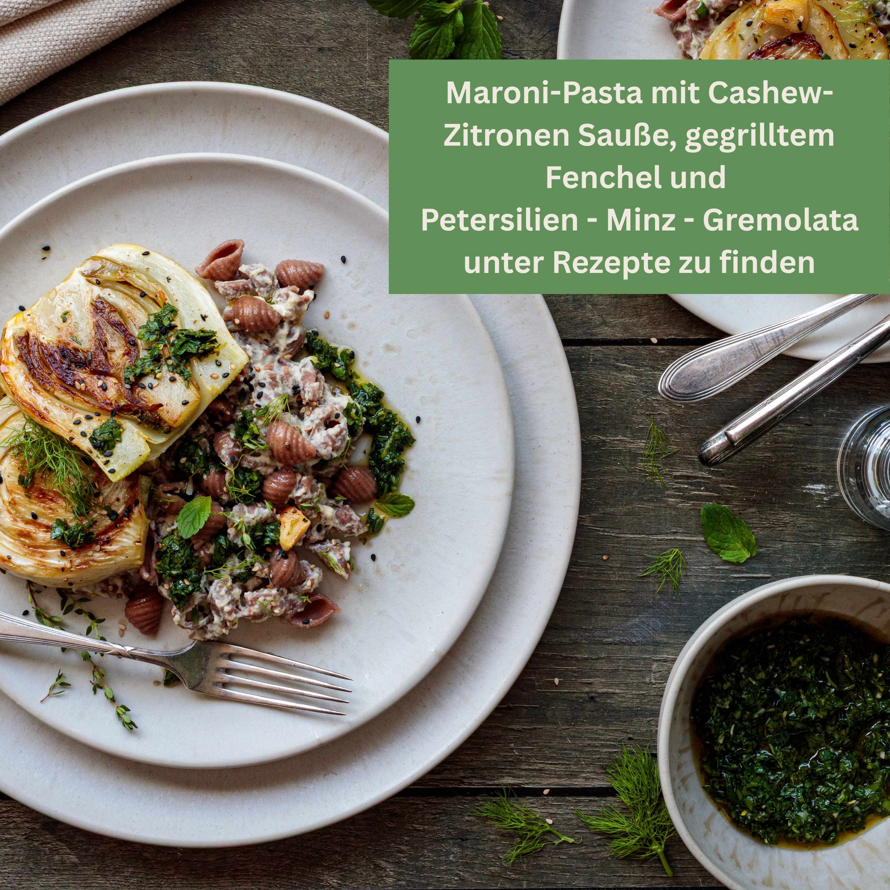 Rezept mit glutenfreier Maronenpasta, Cashew-Zitronen-Soße und gegrilltem Fenchel – vegan genießen mit My Makery