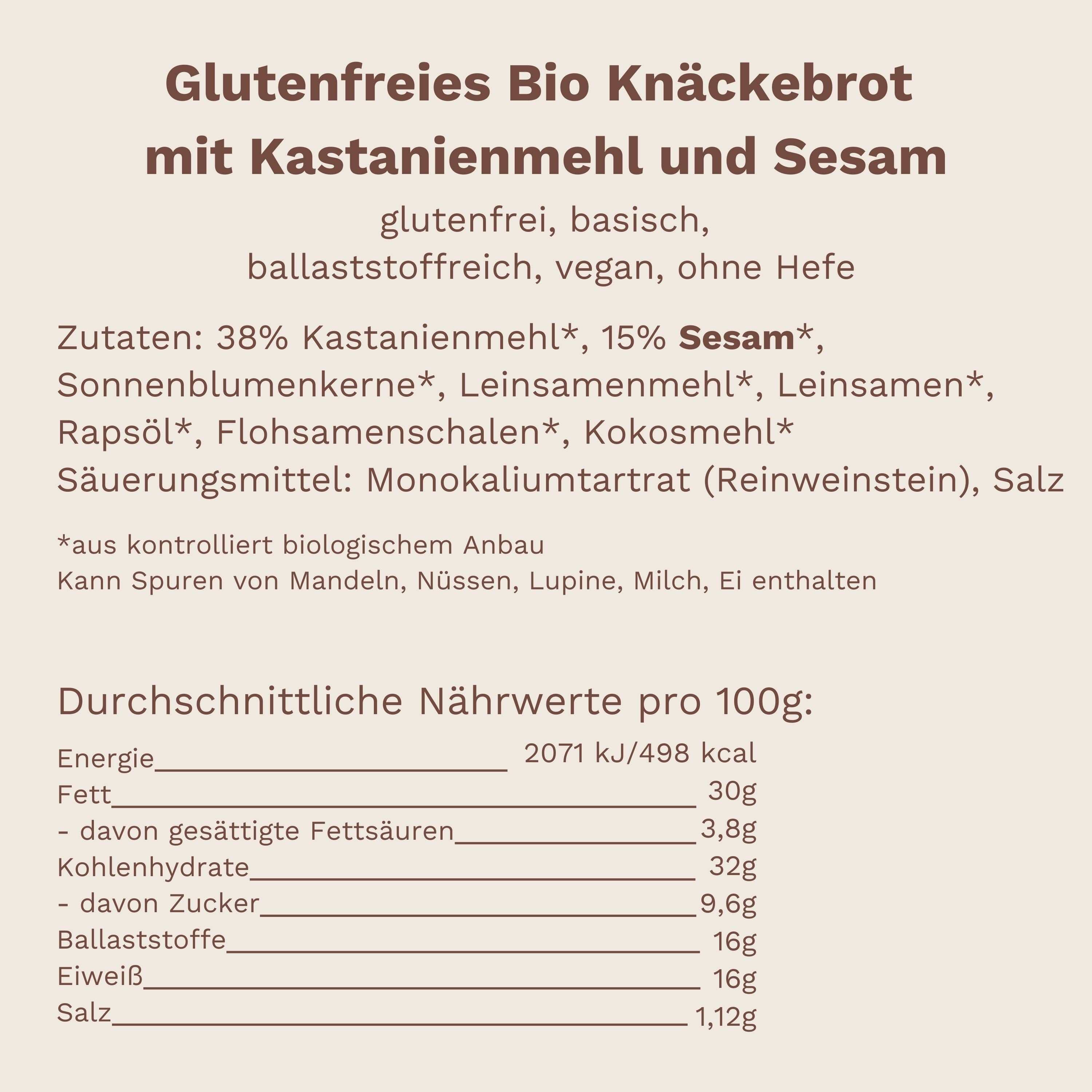 Nährwertangaben zum My Makery Knäcke Snack Sesam – glutenfrei, lower carb, ballaststoffreich, vegan, proteinreich