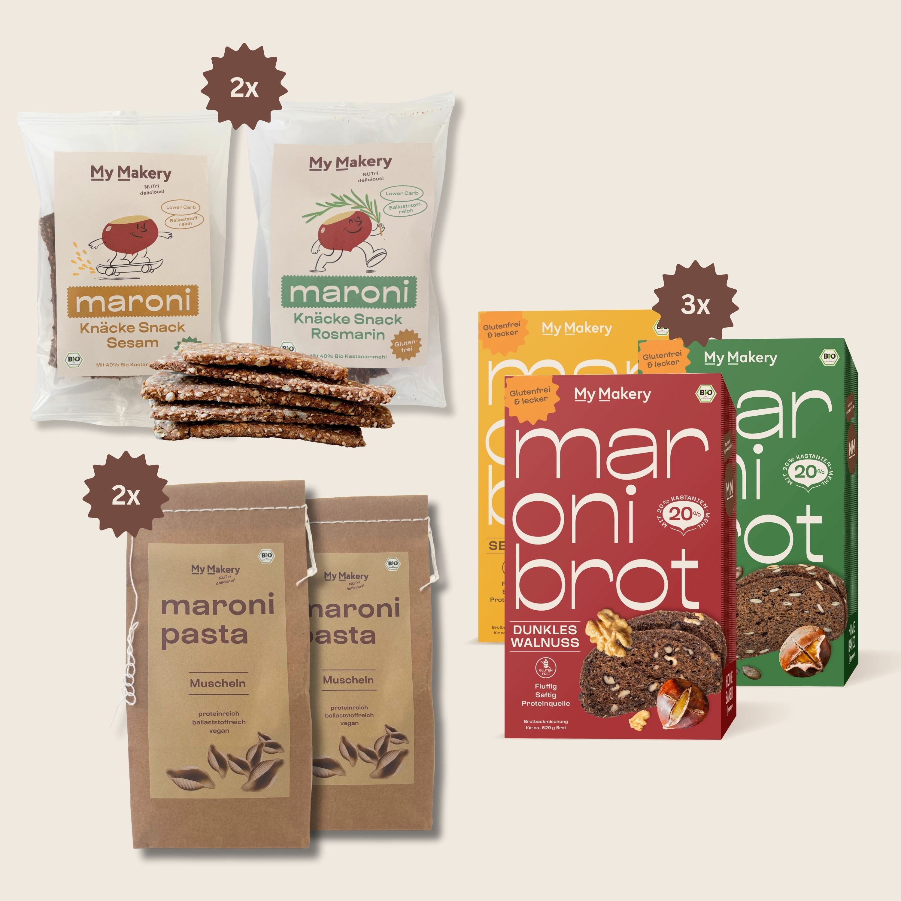 Rundum-glücklich Maroni Probierpaket – glutenfreies Komplettpaket mit Brotbackmischungen, Knäckebrot & Pasta von My Makery