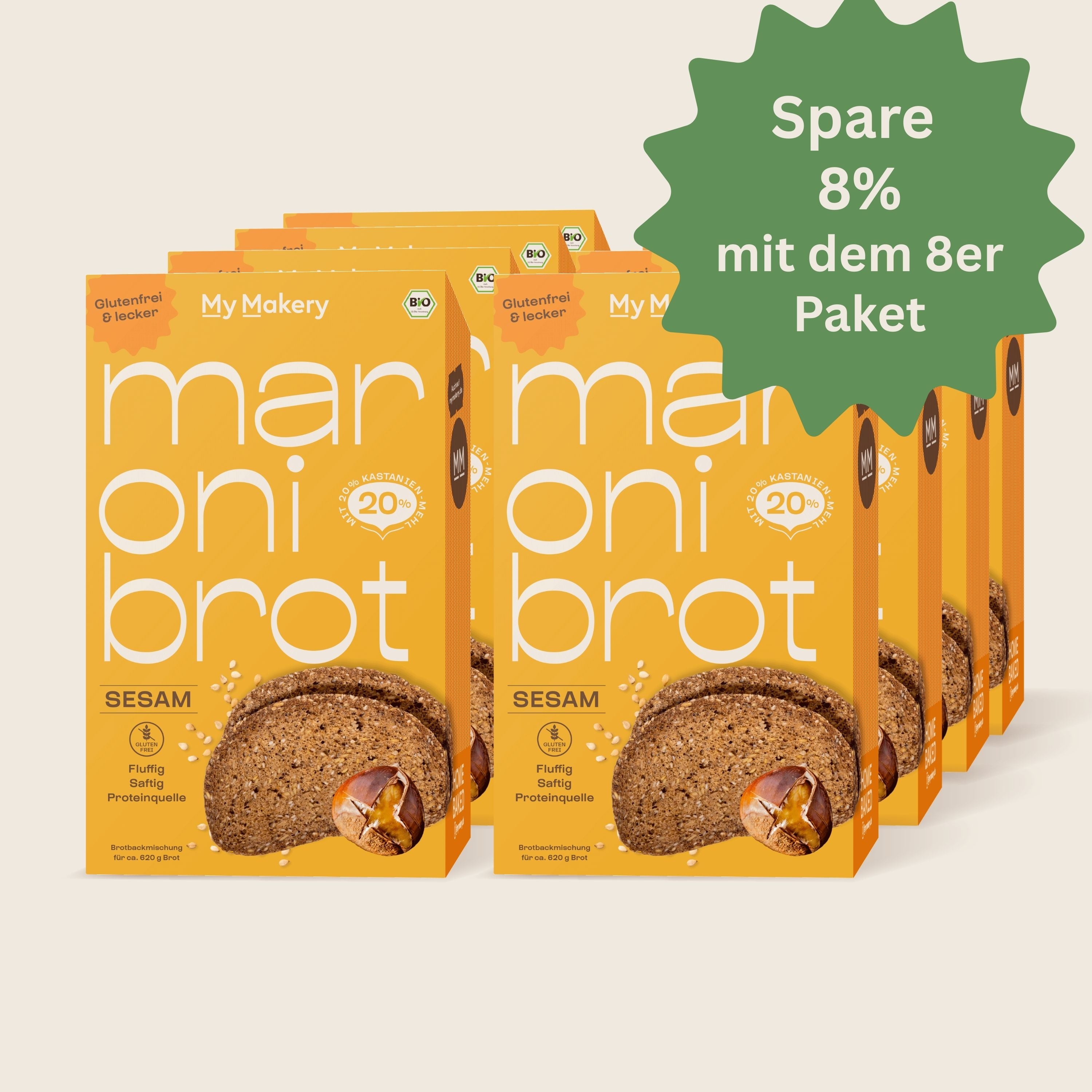 Vorratspack: 8er Set Maroni Sesam Brotbackmischung – glutenfrei, ballaststoffreich, proteinreich, lower carb – ideal zum Vorratsbacken