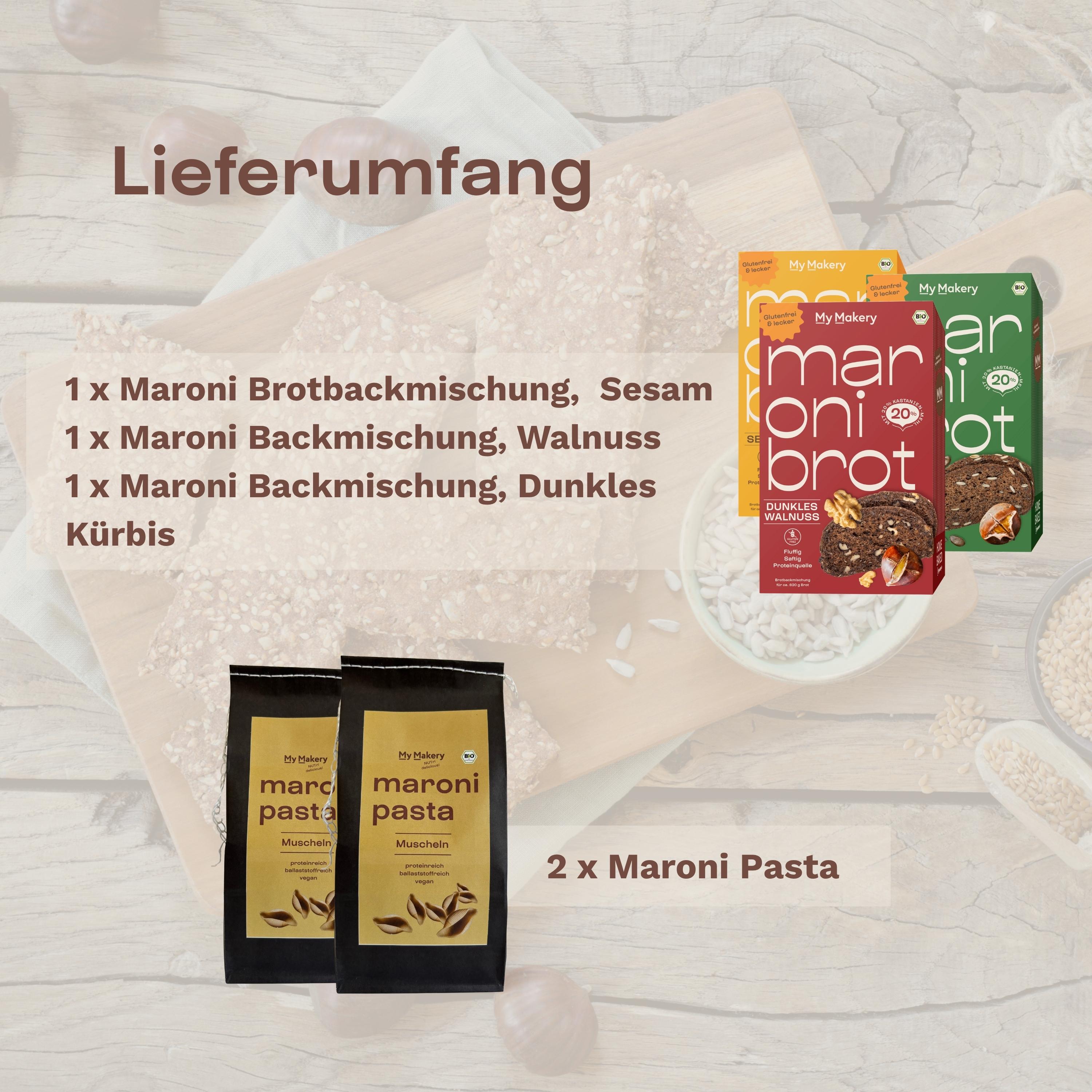 Drei glutenfreie Maroni Backmischungen und 2 ballaststoffreiche Maroni Pasta Verpackungen
