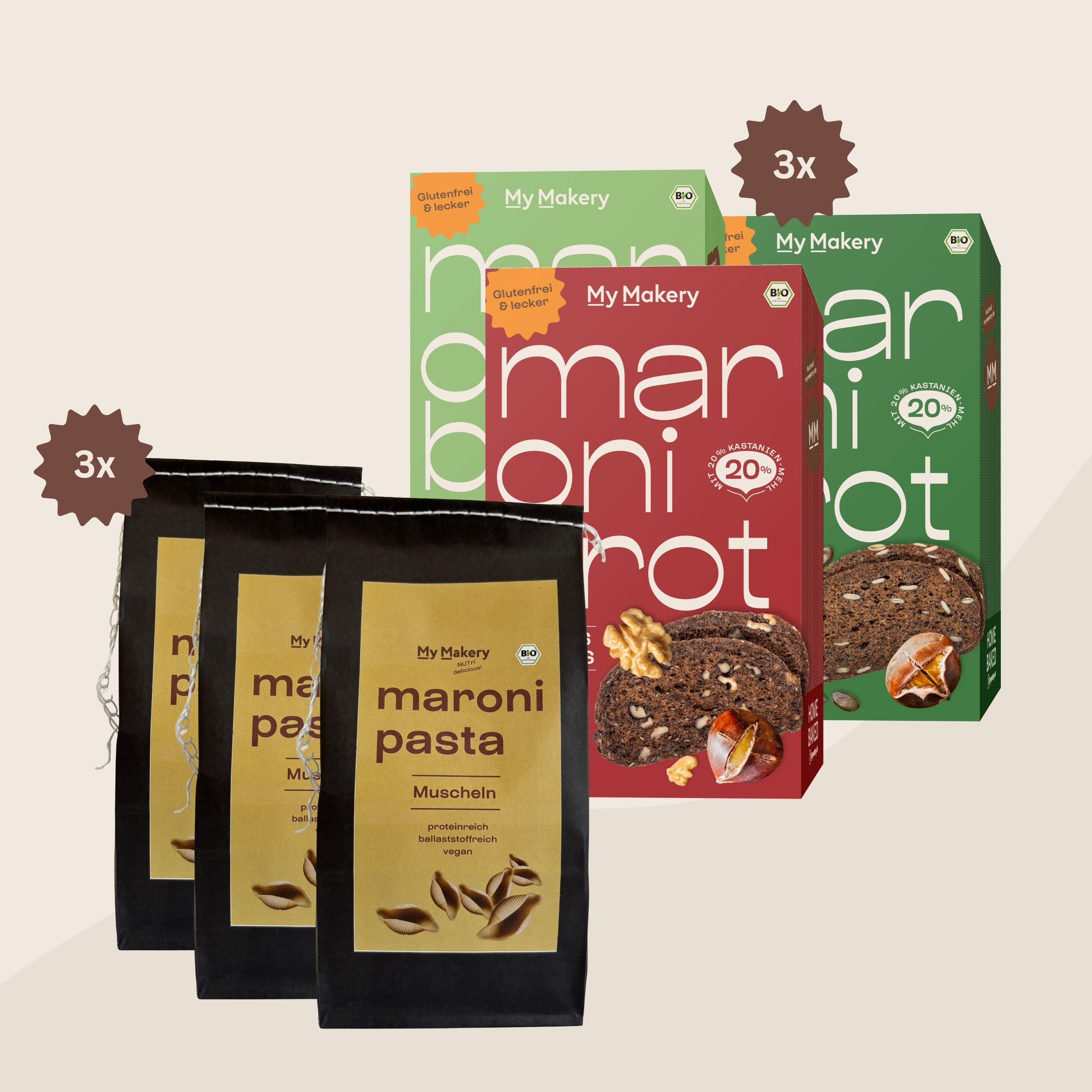 Drei glutenfreie Maronibrot Backmischungen und 3 weizenfreie Maroni Pasta Verpackungen