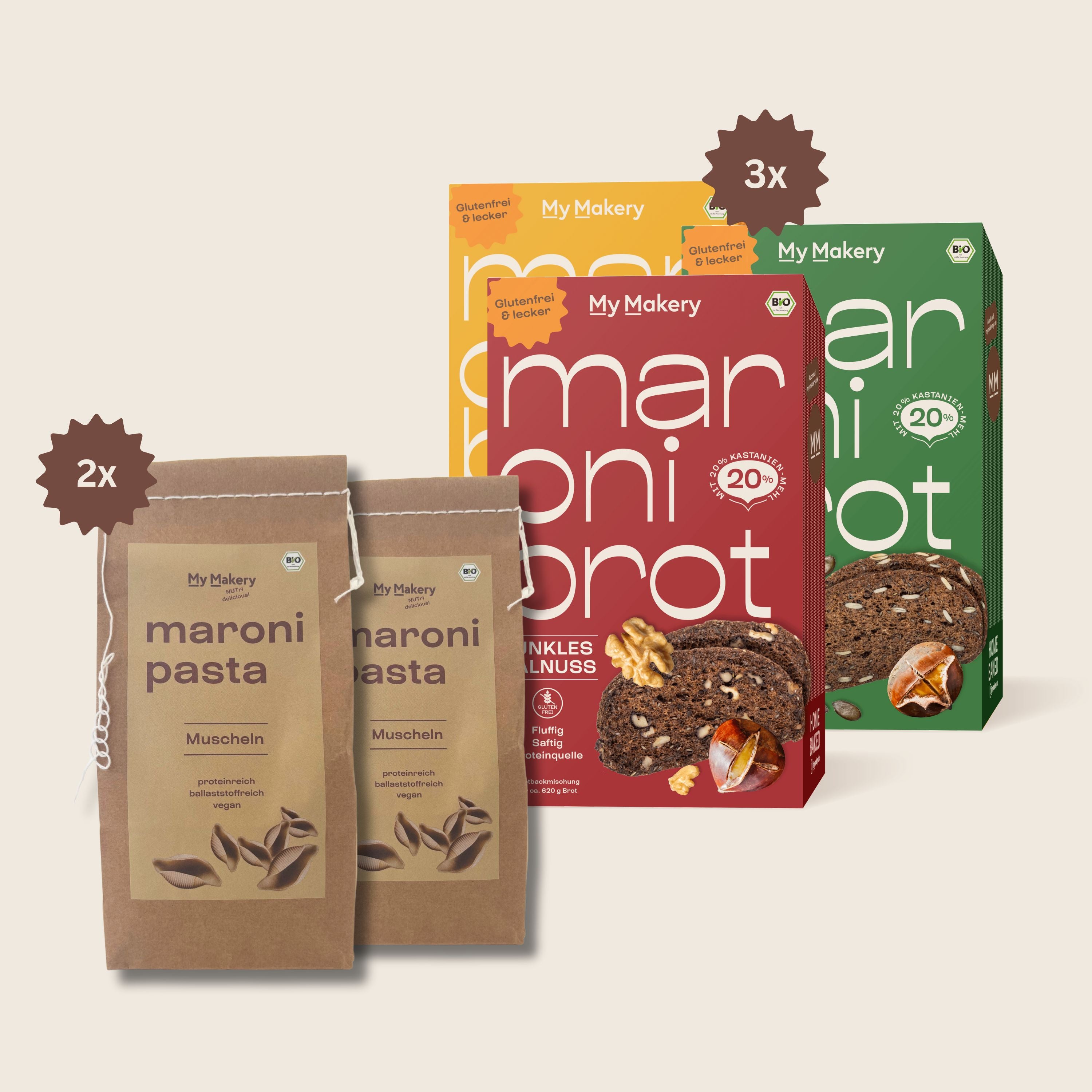 Drei Packungen glutenfreie Maroni Brotbackmischungen und zwei weizenfreie Maroni Pasta Verpackungen