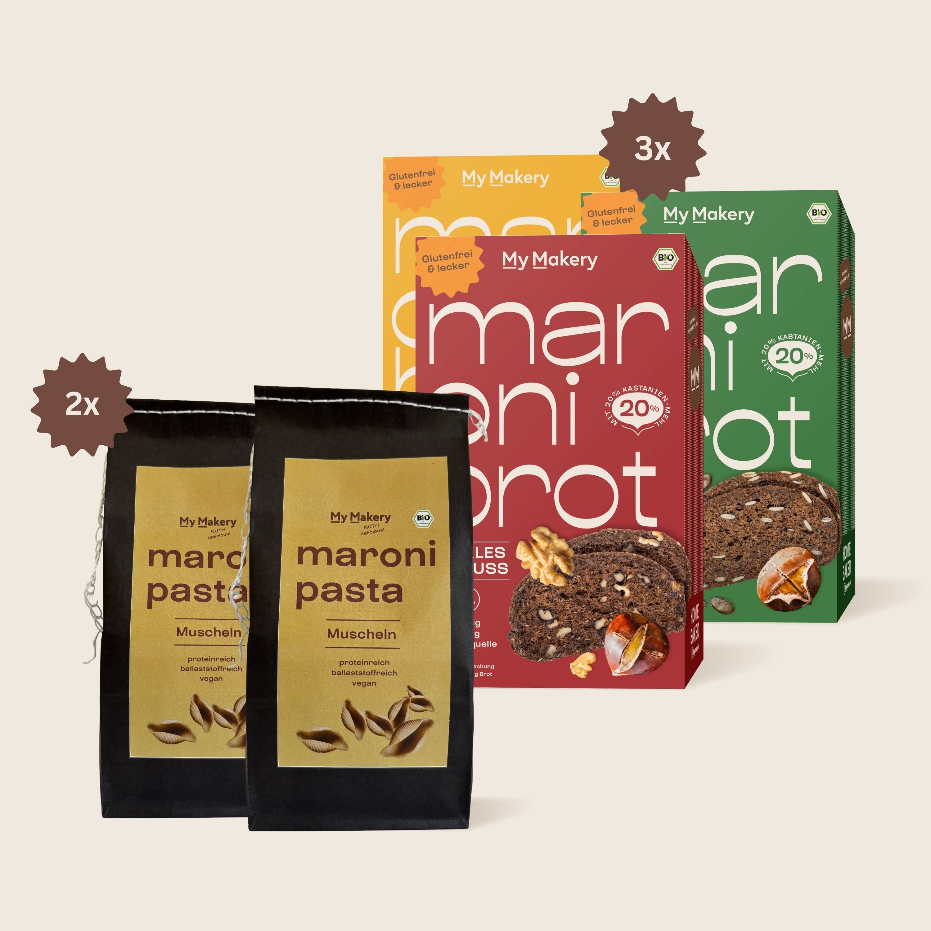 Drei Packungen glutenfreie Maroni Brotbackmischungen und zwei weizenfreie Maroni Pasta Verpackungen